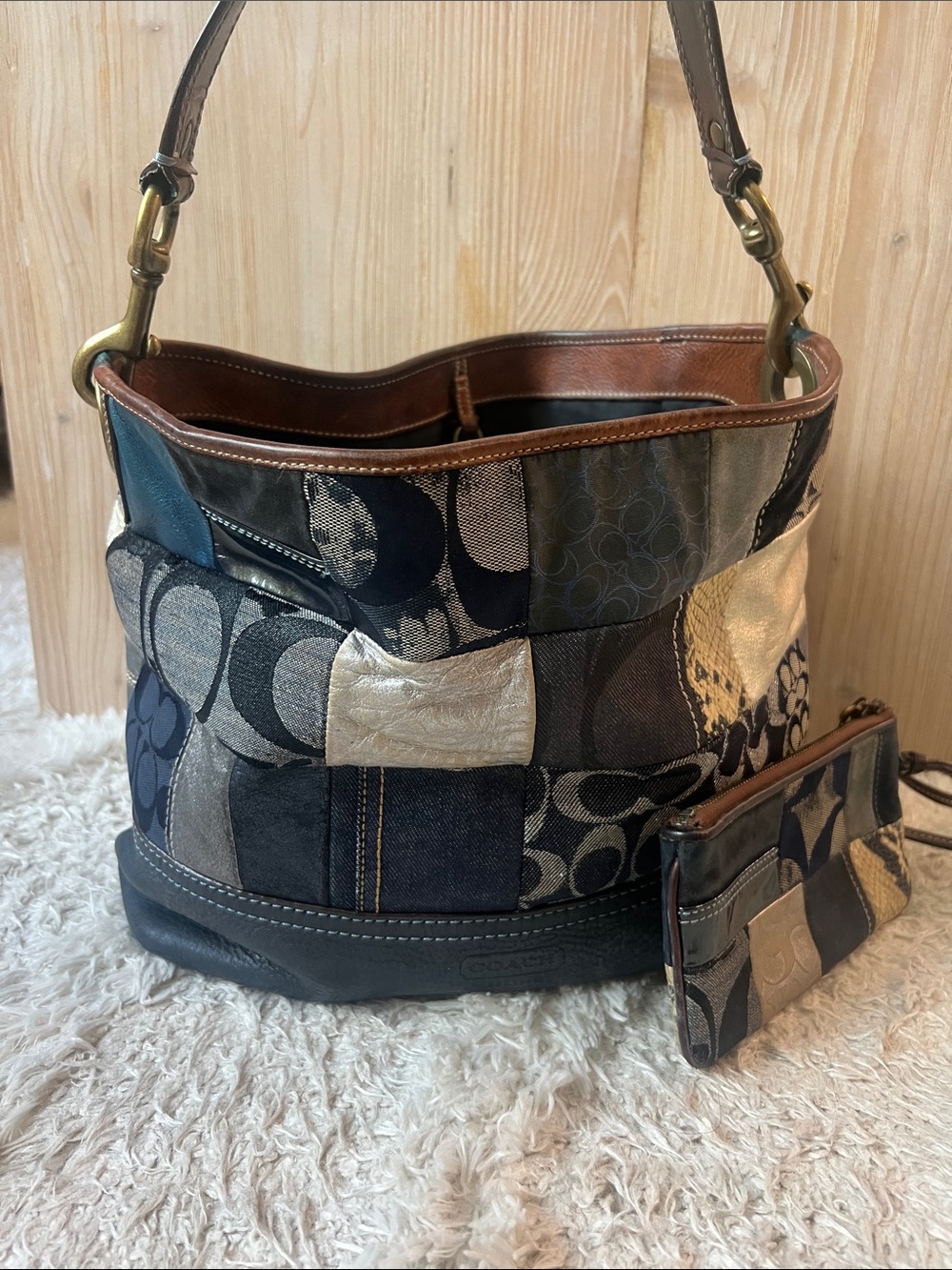Coach Patchwork Vintage Y2K Shoulder Tote Bag Navy, Denim Metallic with Wristlet
